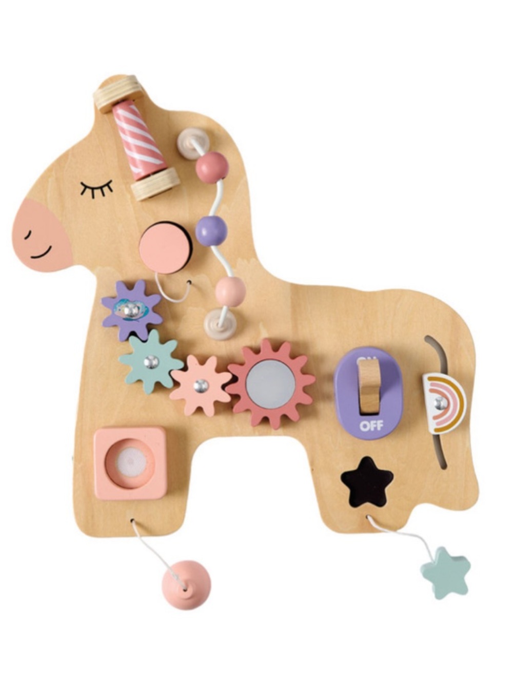 Wooden Unicorn Busy Board Sensory Toy - Tan & Pastel from Aldi Little Town